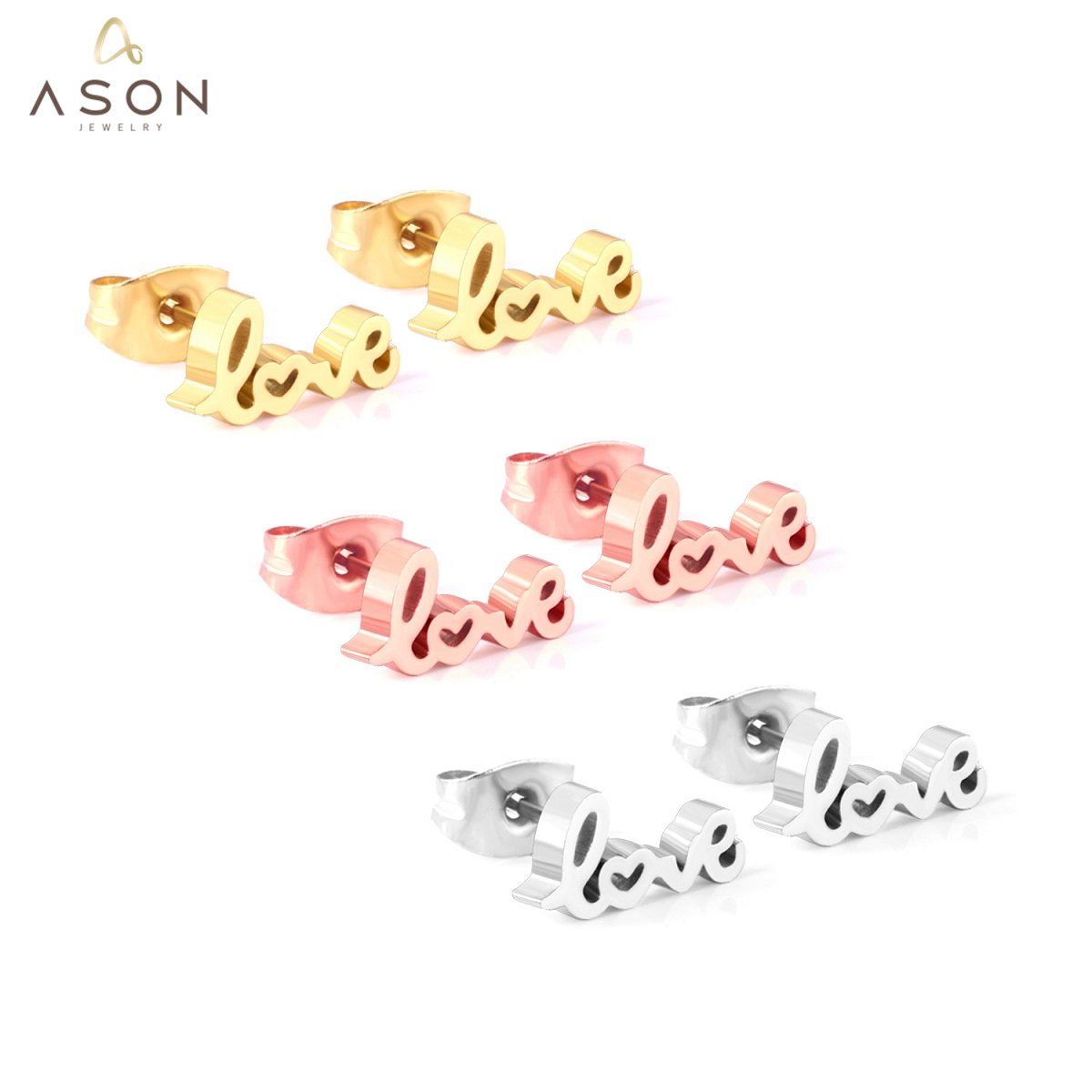 ASON 3pairs Letter LOVE Mixed Color Piercing Stud Earring Sets Stainless Steel Wholesale Fashion Jewelry For Women Party asonjewelry